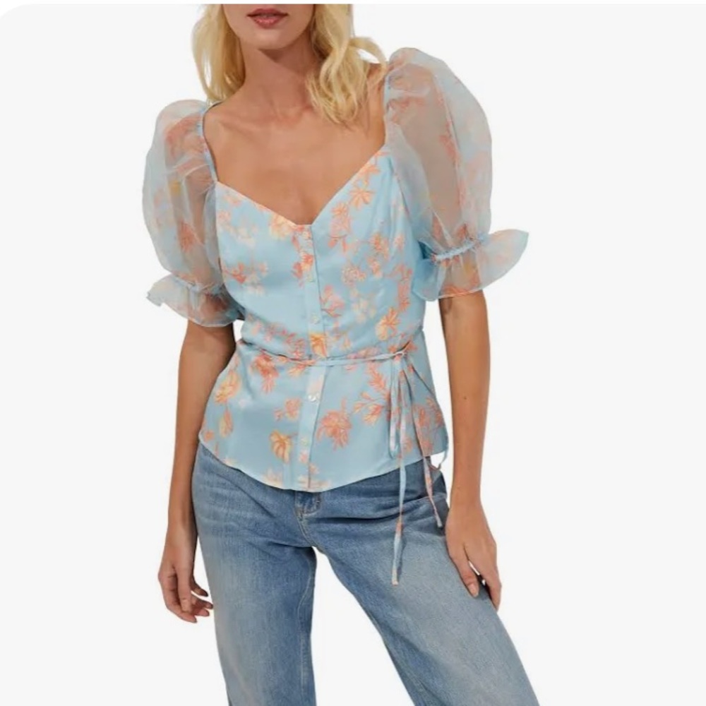 French Connection Diana Drape Puff Sleeve Top-forget me not.